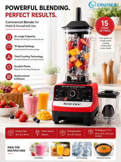 Cruiser Electricals Commercial Blender 2L | Multifunction Electric Mixer Grinder for Hotel & Home Use | 15 Speed Settings | Total Crushing Technology | Plastic Jar & Body