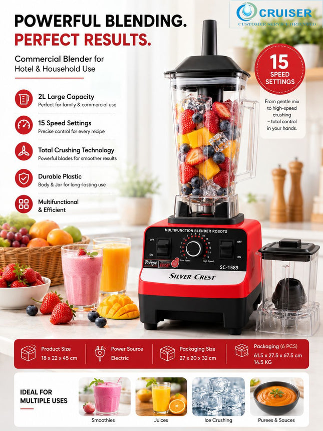 Cruiser Electricals Commercial Blender 2L | Multifunction Electric Mixer Grinder for Hotel & Home Use | 15 Speed Settings | Total Crushing Technology | Plastic Jar & Body