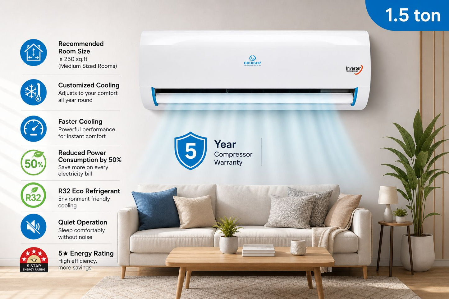 1.5 Ton 3 Star Inverter Split AC